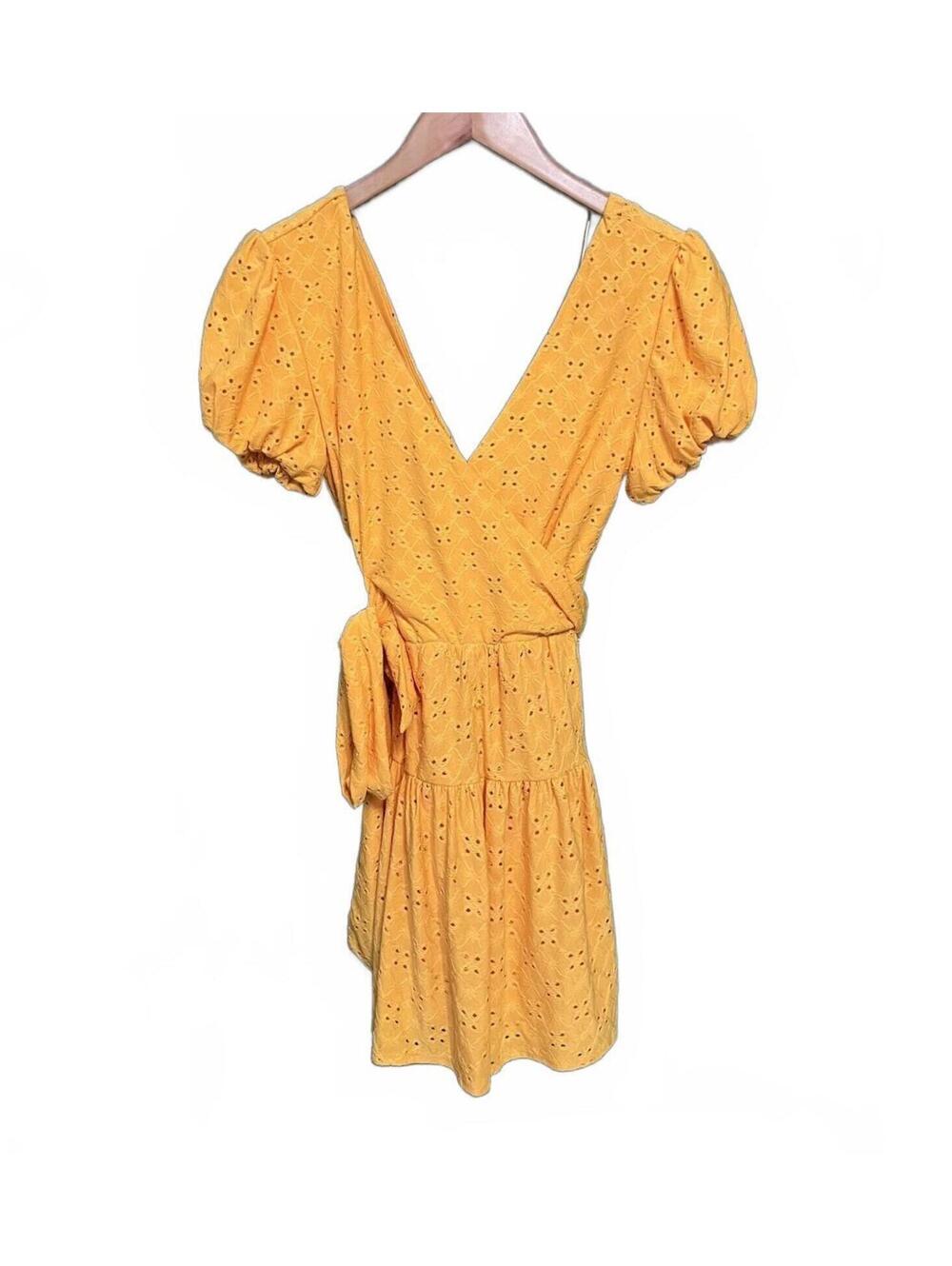 Topshop Broderie Eyelet Wrap Dress Size 2 Yellow Orange Boho Puff Sleeve Mini
